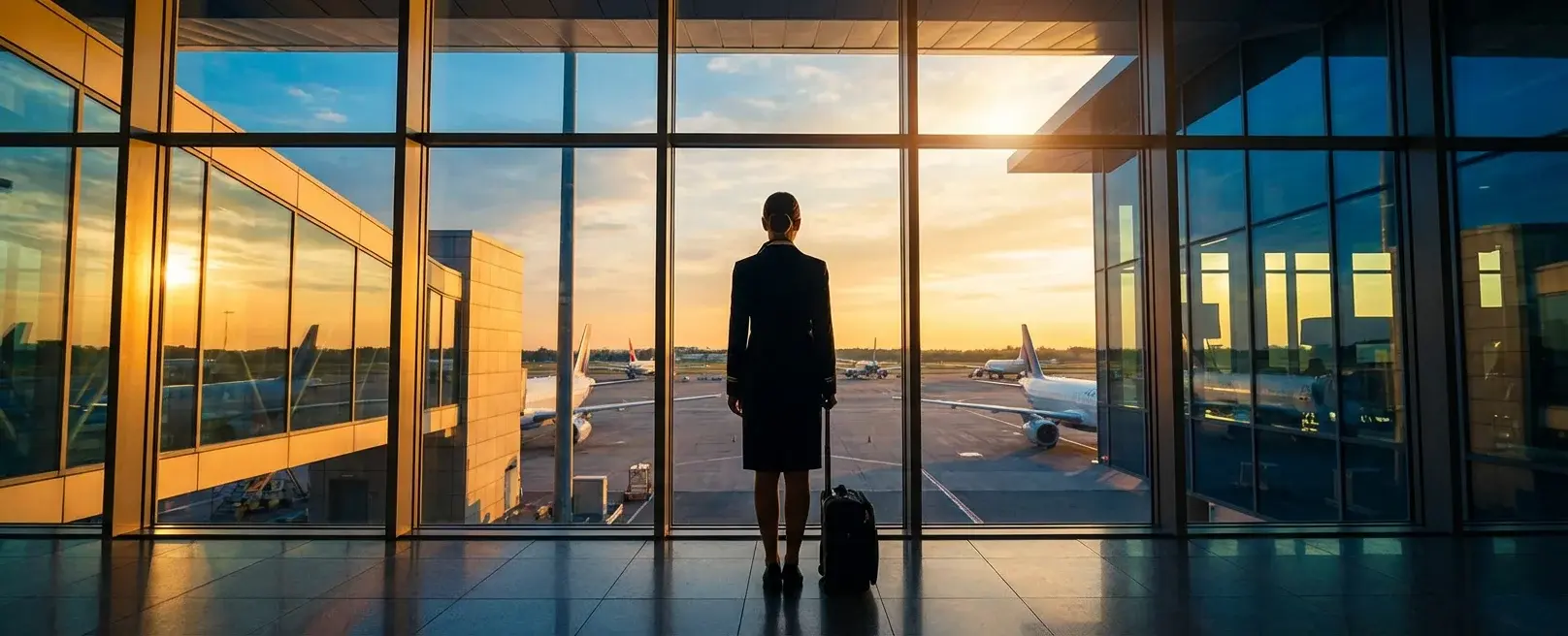 Candidat PNC de dos face aux baies vitrées d'un aéroport ensoleillé, avion visible au sol