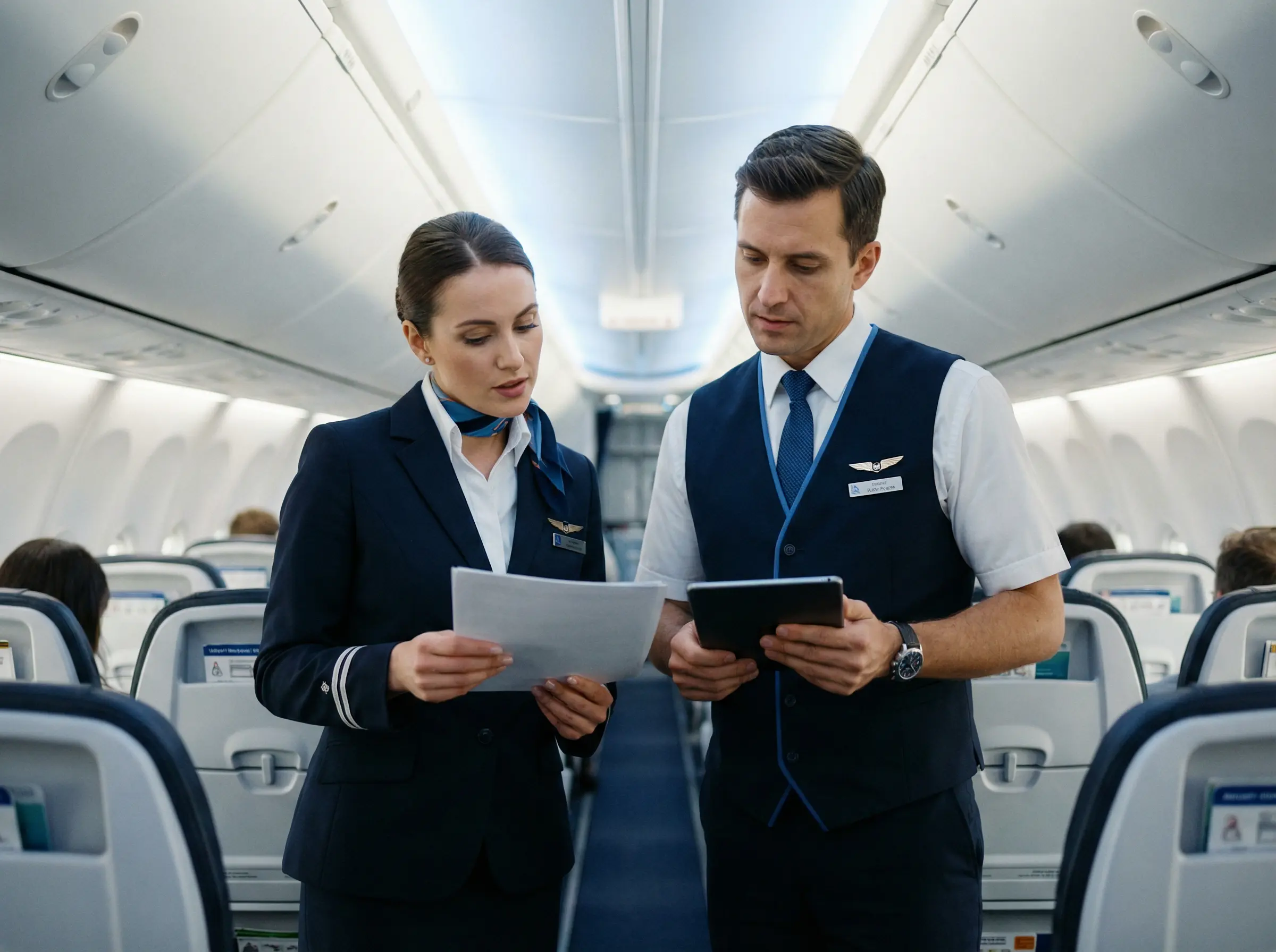 Formation CCA cabine : équipage PNC en briefing sécurité à bord d'un avion