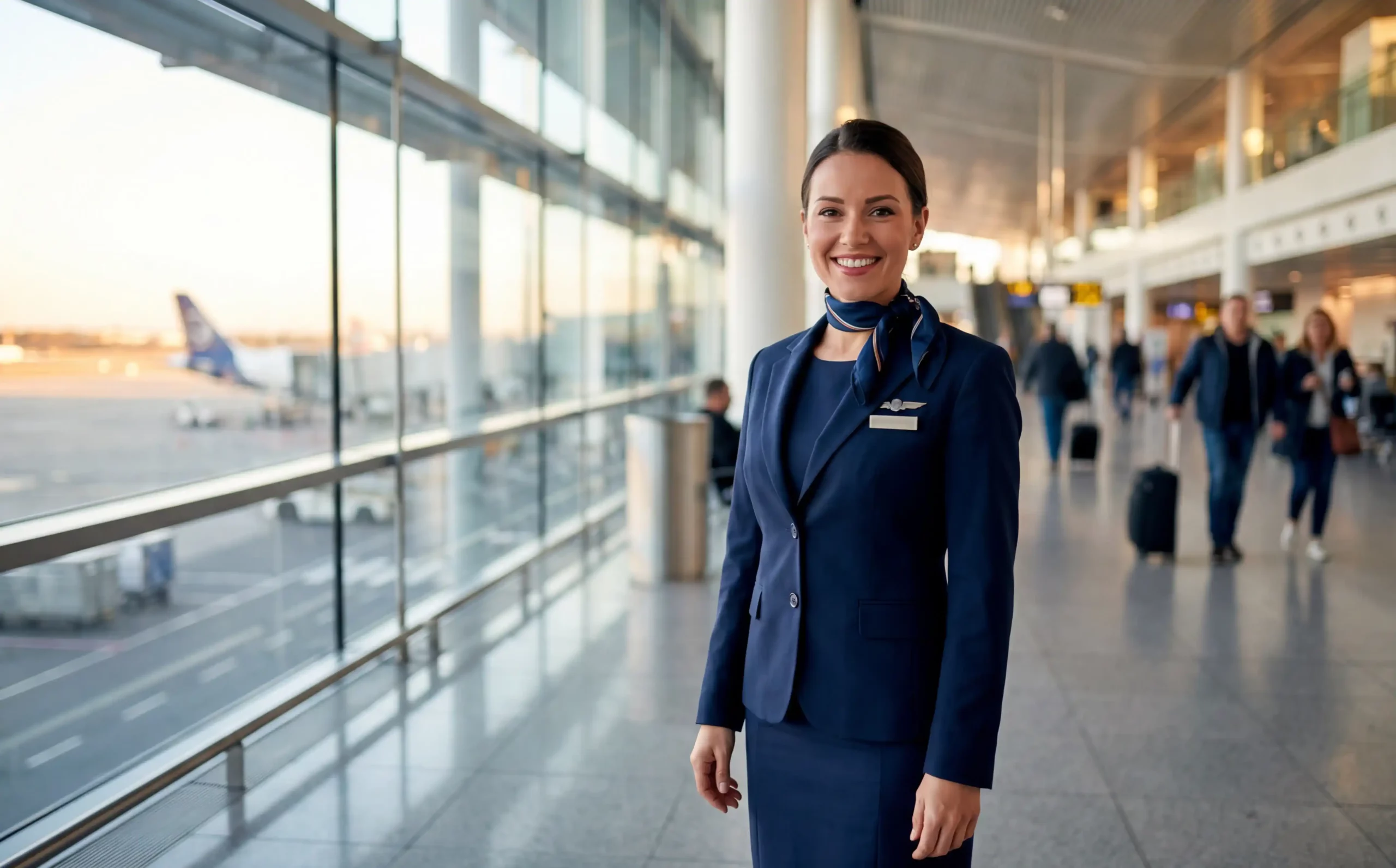 Hôtesse de l'air en uniforme navy dans un aéroport moderne, posture confiante