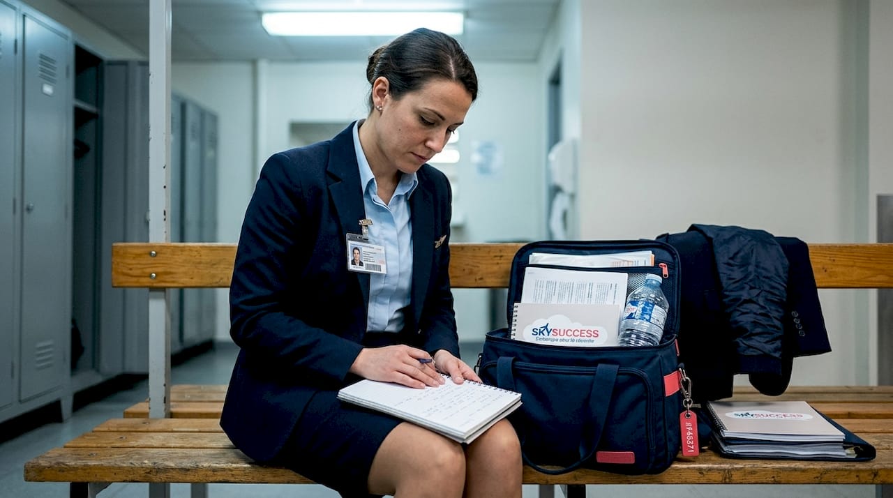 Hôtesse de l'air en formation révisant ses compétences de communication