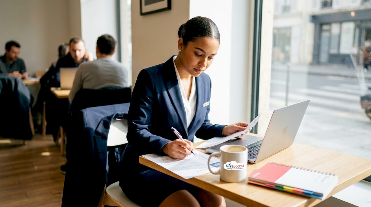 Hôtesse rédigeant son CV bilingue sur ordinateur