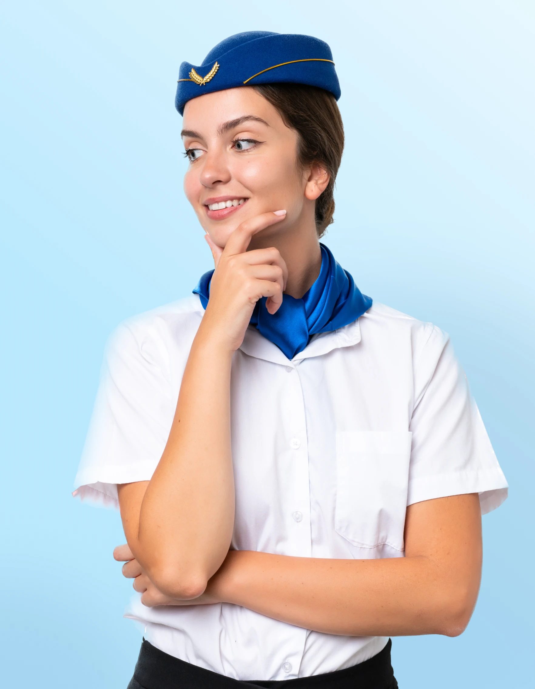 airplane stewardess caucasian woman isolated white background looking side