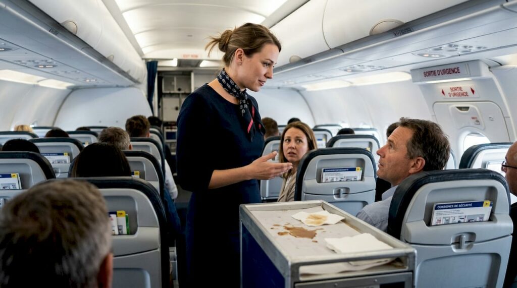 L’hôtesse de l’air échange avec les passagers à bord pour les informer et répondre à leurs questions.