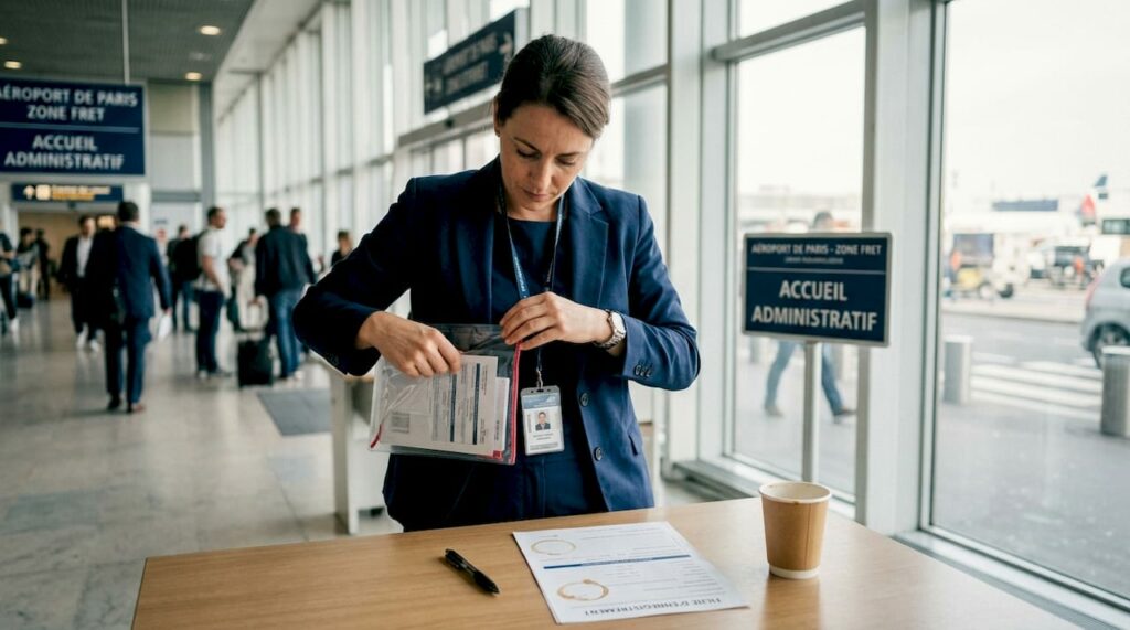 Avant chaque vol, les PNC procèdent à la vérification des documents et du certificat de cabine à l’aéroport.