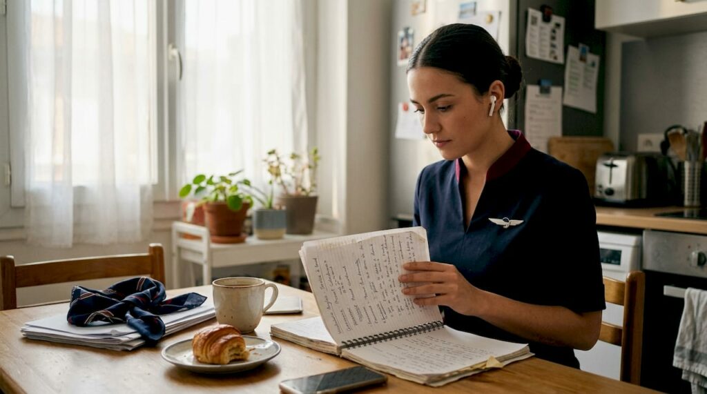 Hôtesse de l’air qui perfectionne son anglais aéronautique depuis chez elle