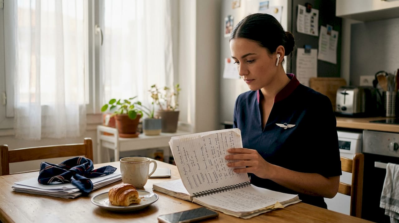 Hôtesse de l’air qui perfectionne son anglais aéronautique depuis chez elle