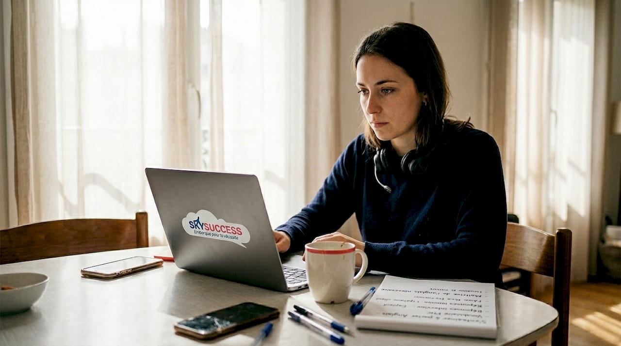 Candidat se préparant en anglais pour réussir la sélection des compagnies aériennes