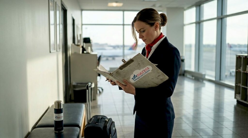 Une hôtesse de l’air qui passe en revue sa liste de vérification dans la salle de repos de l’équipage.