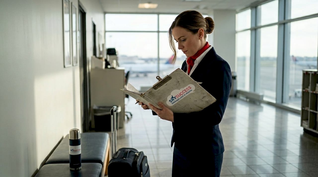 Une hôtesse de l’air qui passe en revue sa liste de vérification dans la salle de repos de l’équipage.