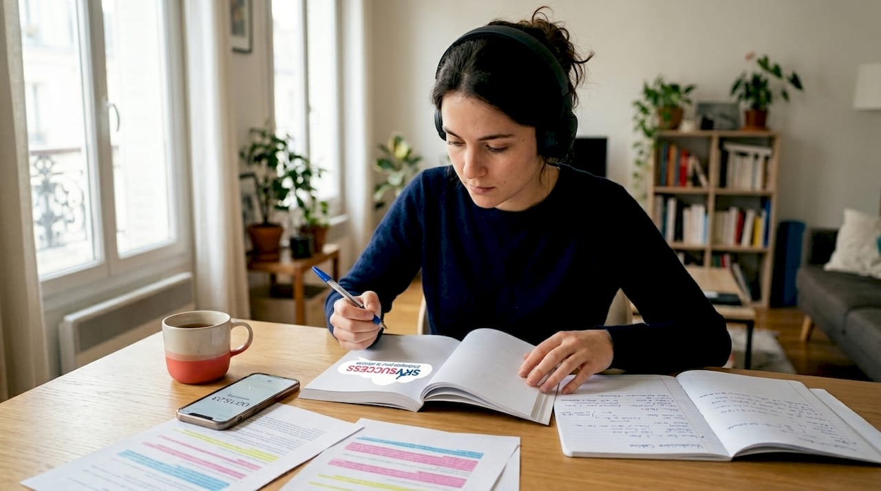 Un étudiant en plein révisions de l’anglais aéronautique chez lui