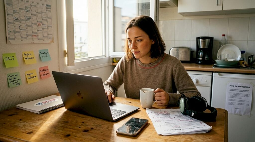 Un pilote révise ses notes d’anglais aéronautique assis à la table de la cuisine.