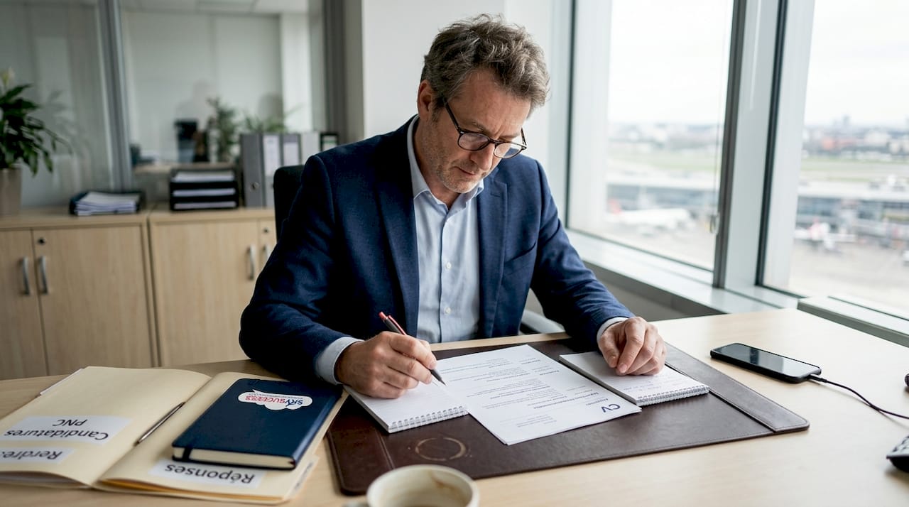 Un recruteur du secteur aérien en pleine sélection de CV sur son bureau