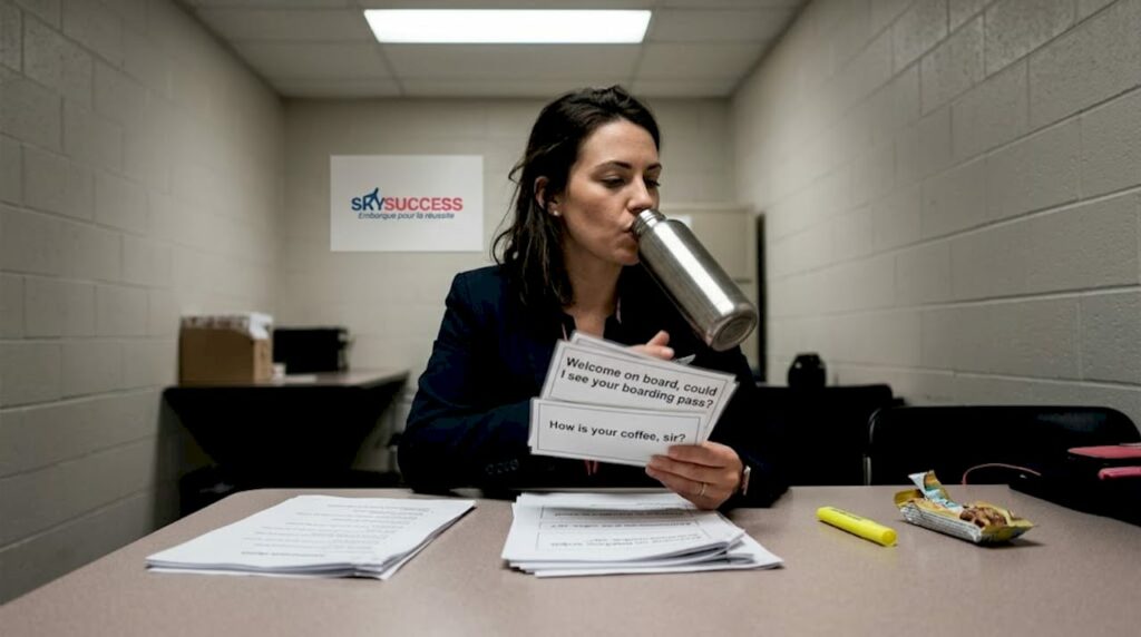 Une hôtesse de l’air révise ses fiches de vocabulaire anglais pour se préparer aux annonces et échanges en vol.