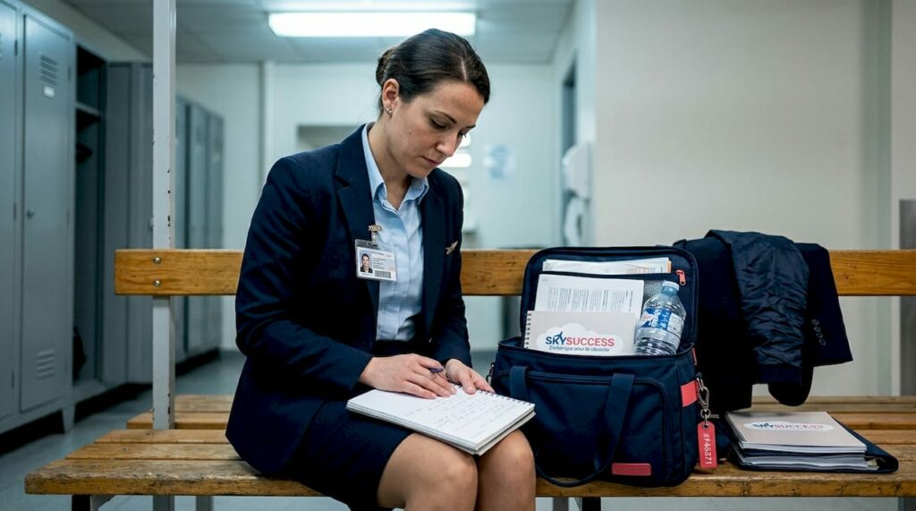 Une hôtesse de l’air qui travaille sur le développement de ses compétences relationnelles.