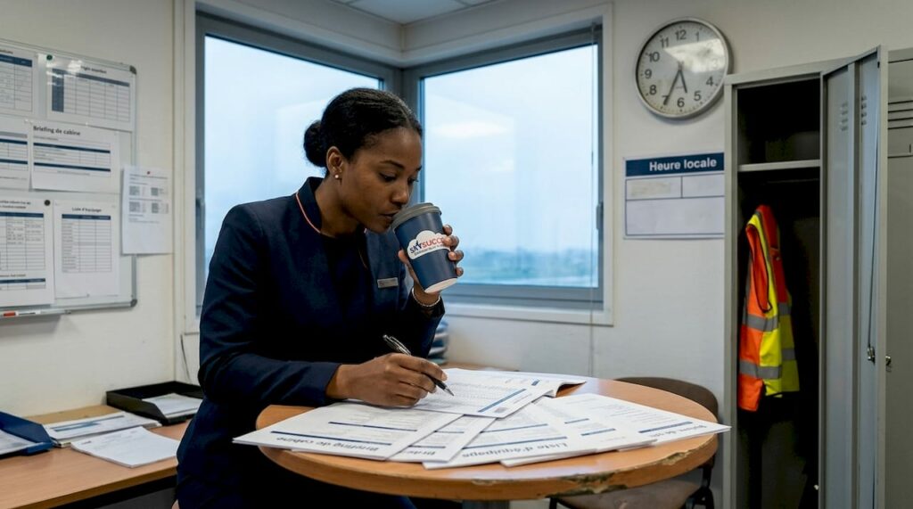 Un membre de l’équipage de cabine en train de finaliser les documents de vol
