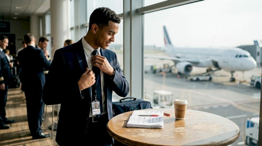 Un steward en uniforme ajuste sa cravate dans la salle de repos, prenant soin de son apparence avant de reprendre son service.