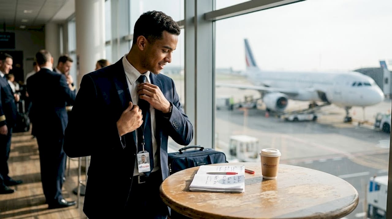 Un steward en uniforme ajuste sa cravate dans la salle de repos, prenant soin de son apparence avant de reprendre son service.