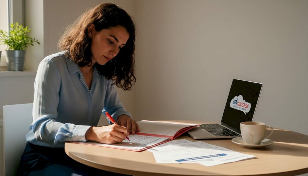 Assise à sa table, une femme examine attentivement des dossiers de candidature pour un poste.
