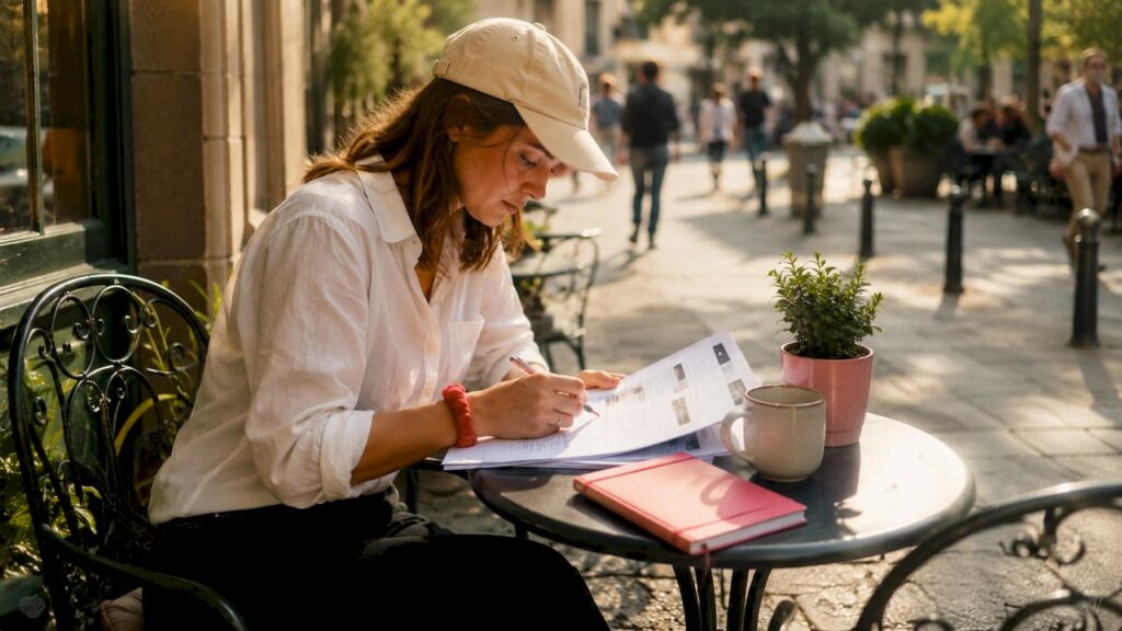 Assise dans un café, une femme relit ses documents professionnels pour faire le point sur sa carrière.