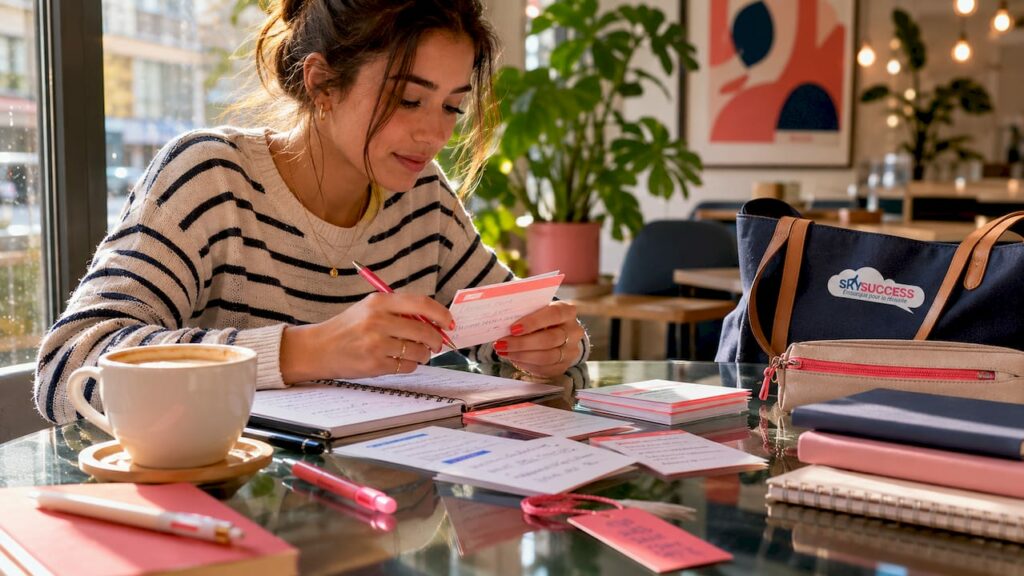 Jeune femme studieuse en train de réviser son anglais à l’aide de fiches de vocabulaire