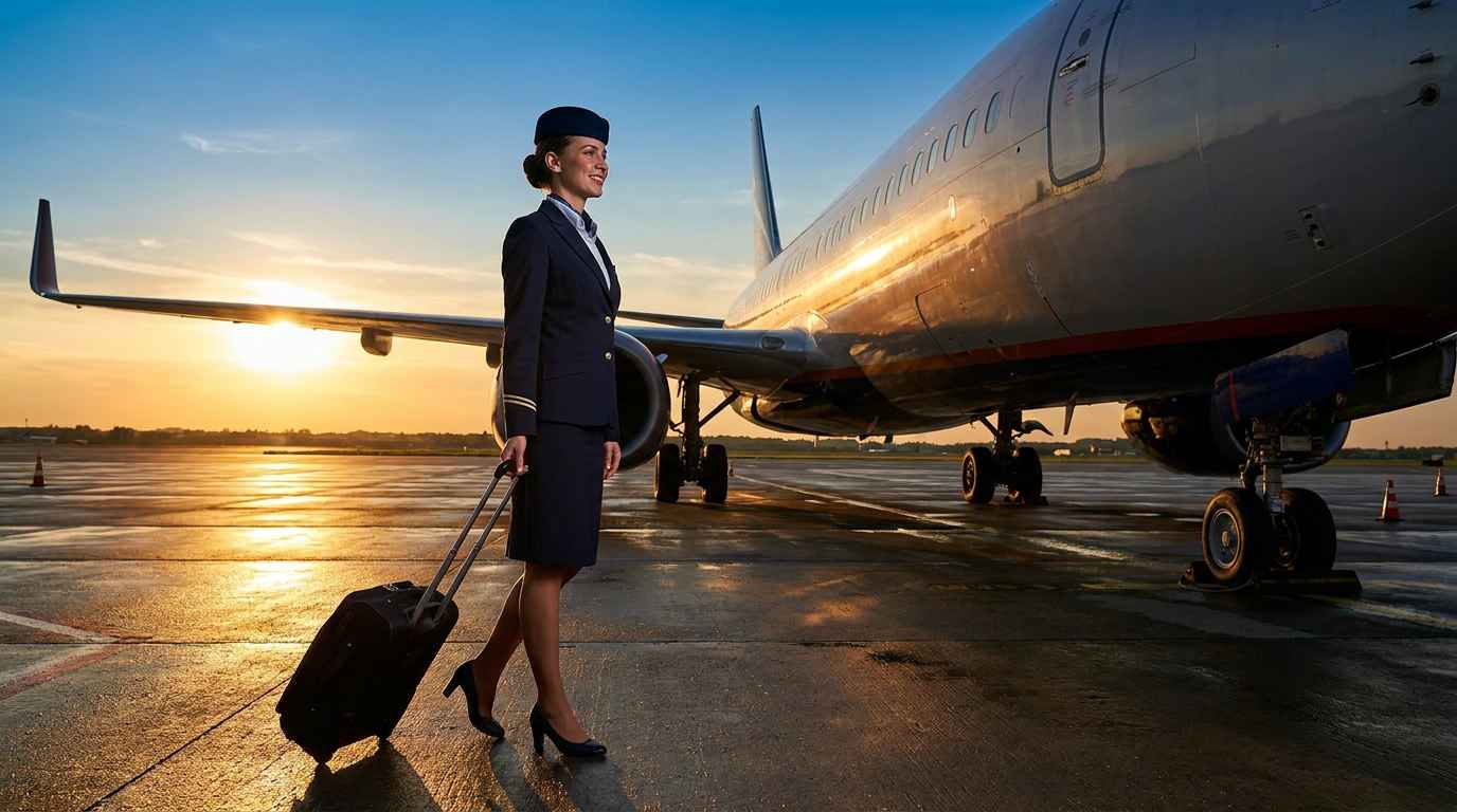 Hôtesse de l'air rejoignant son avion, début de carrière PNC avec SkySuccess