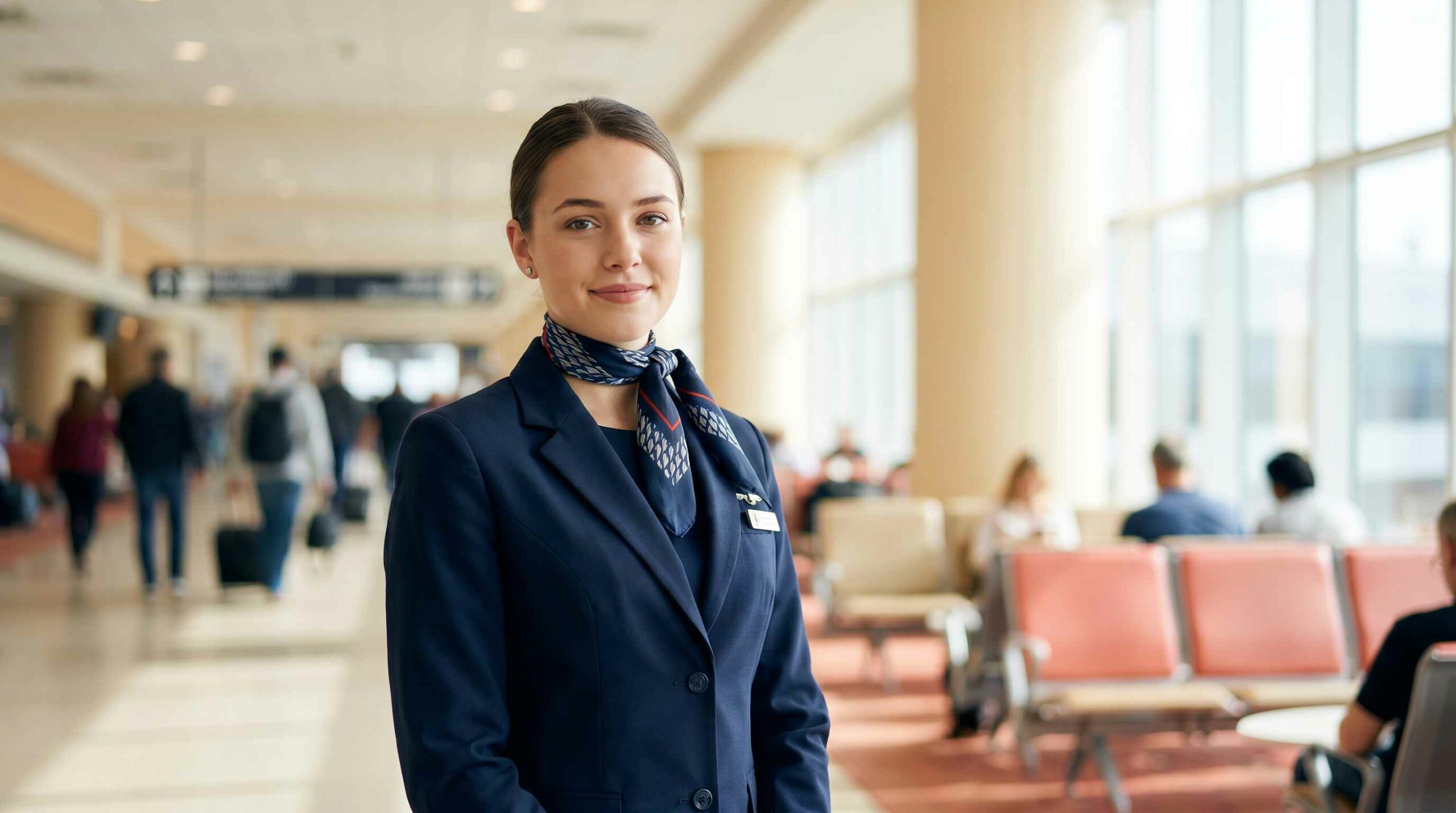 Future hôtesse de l'air en uniforme dans un aéroport, parcours CCA Fast Track SkySuccess