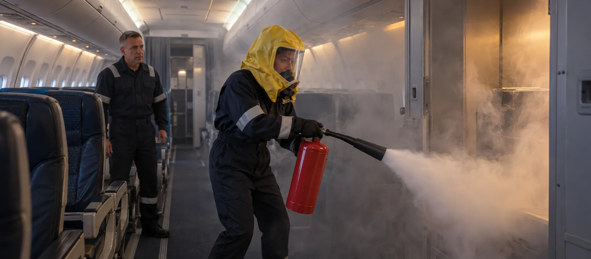 Exercice de lutte anti-incendie en simulateur de cabine pendant la formation pratique CCA