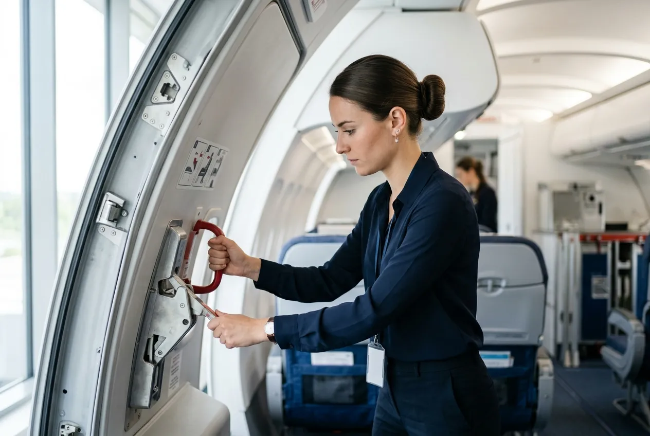 Hôtesse de l'air en formation sécurité cabine pour obtenir le CCA